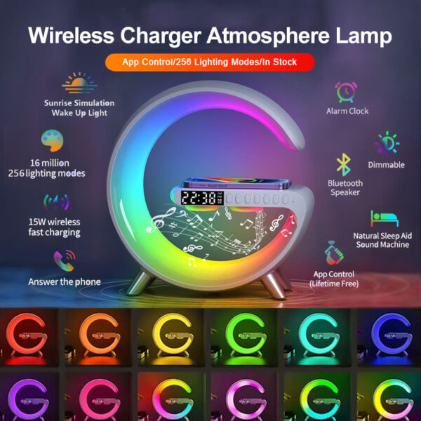 Lampe G 3‑en‑1 — LED Multicolore, Chargeur 15W & Enceinte Bluetooth