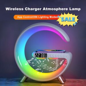 Lampe G 3‑en‑1 — LED Multicolore, Chargeur 15W & Enceinte Bluetooth